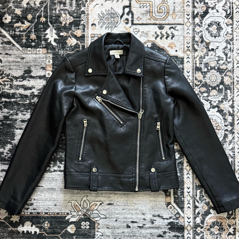 Top Shop Black Faux Leather Moto Jacket with Asymmetrical Zippers NWOT Size 2/XS
